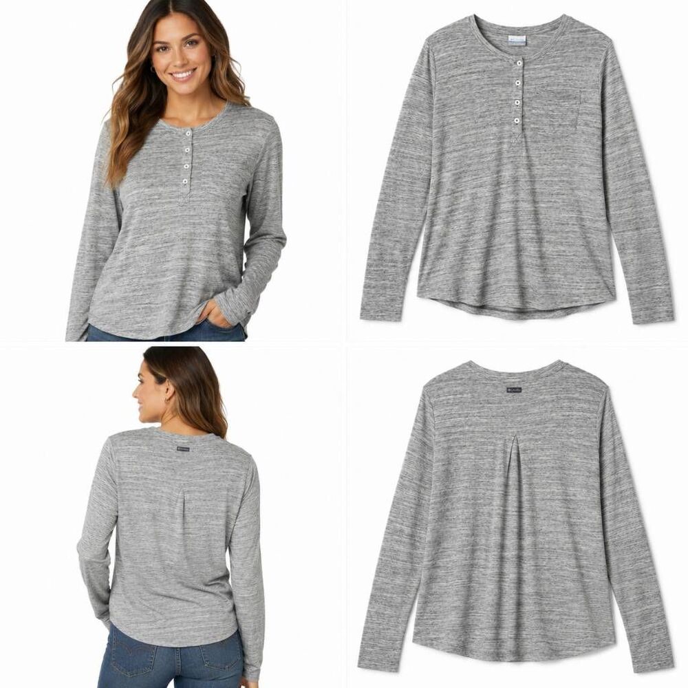 Columbia XL Gray Space Dye Henley Pocket Long Sleeve Top